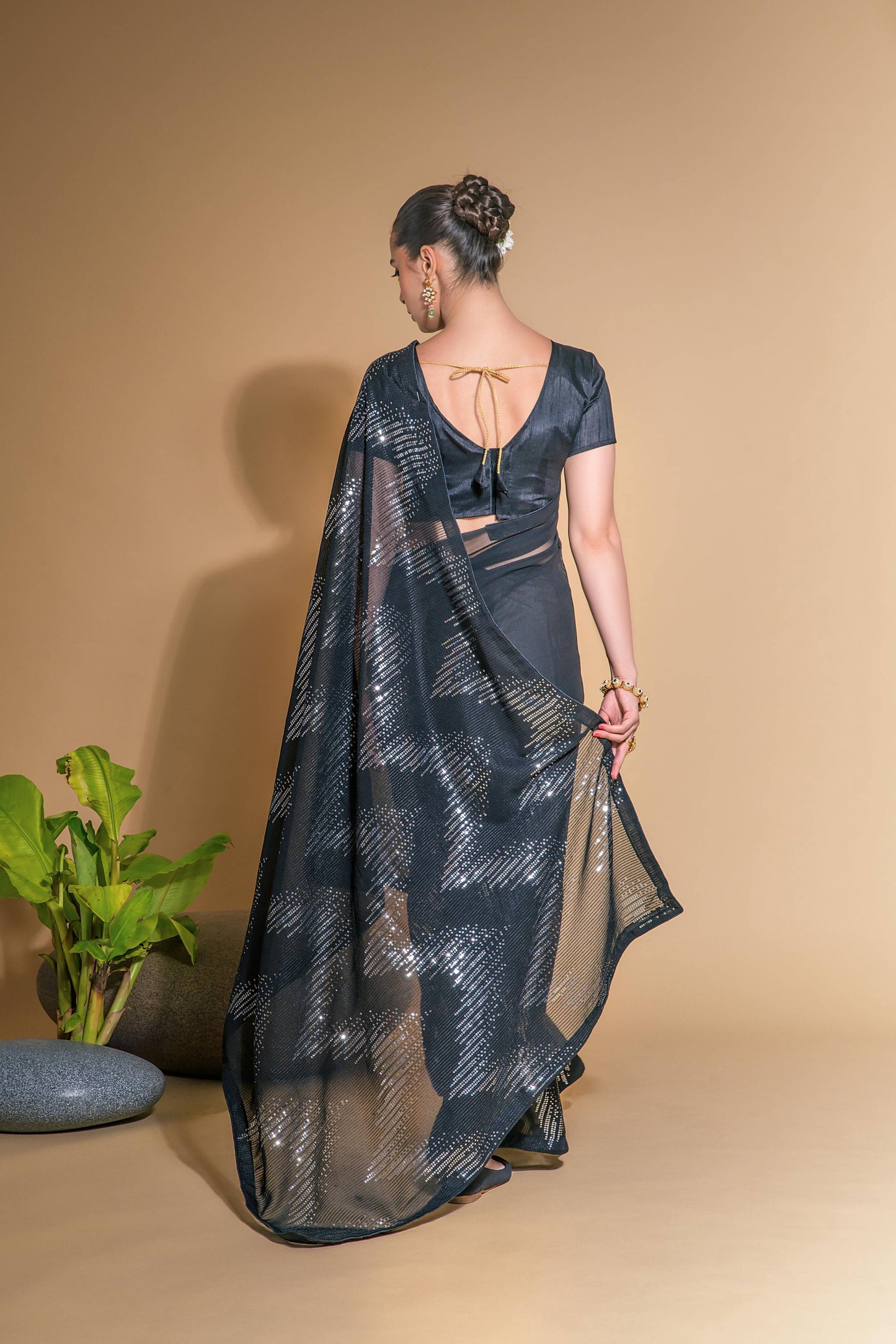 Jyoti Fashion Women's Black Georgette Sequins Embroidered Designer Saree with Blouse | Swadesiicart