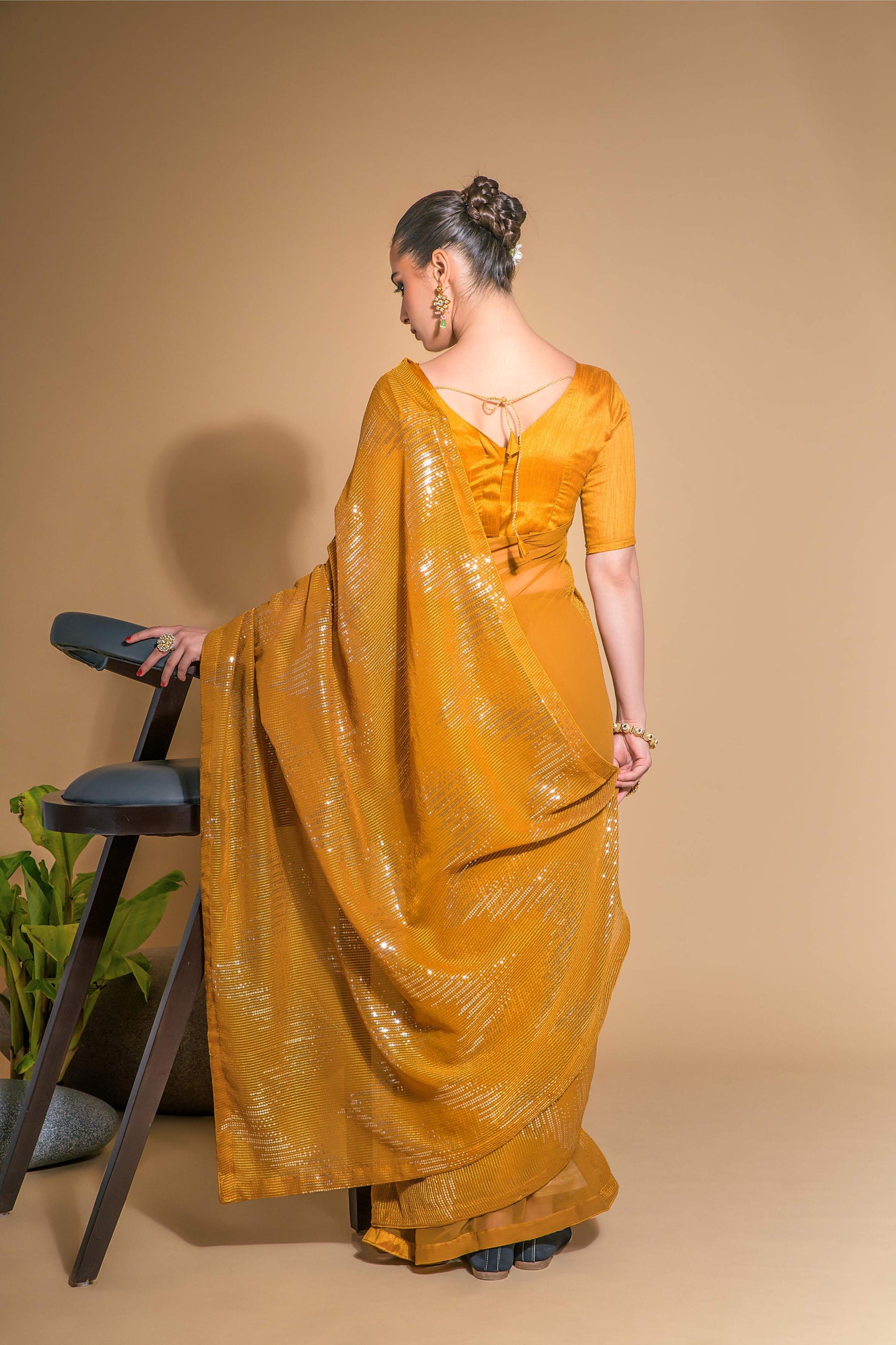 Jyoti Fashion Women's Mustard Georgette Sequins Embroidered Designer Saree with Blouse | Swadesiicart