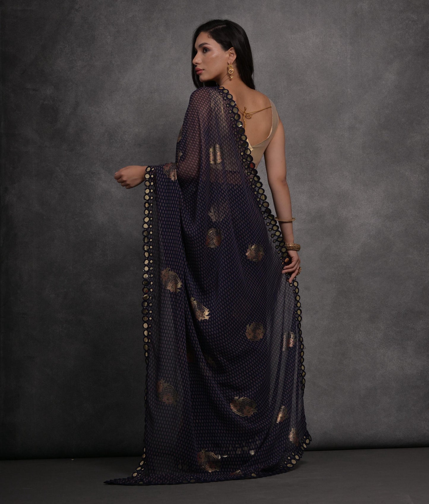 Jyoti Fashion Women's Navy Blue Chiffon Mirror Work Designer Saree with Blouse | Swadesiicart