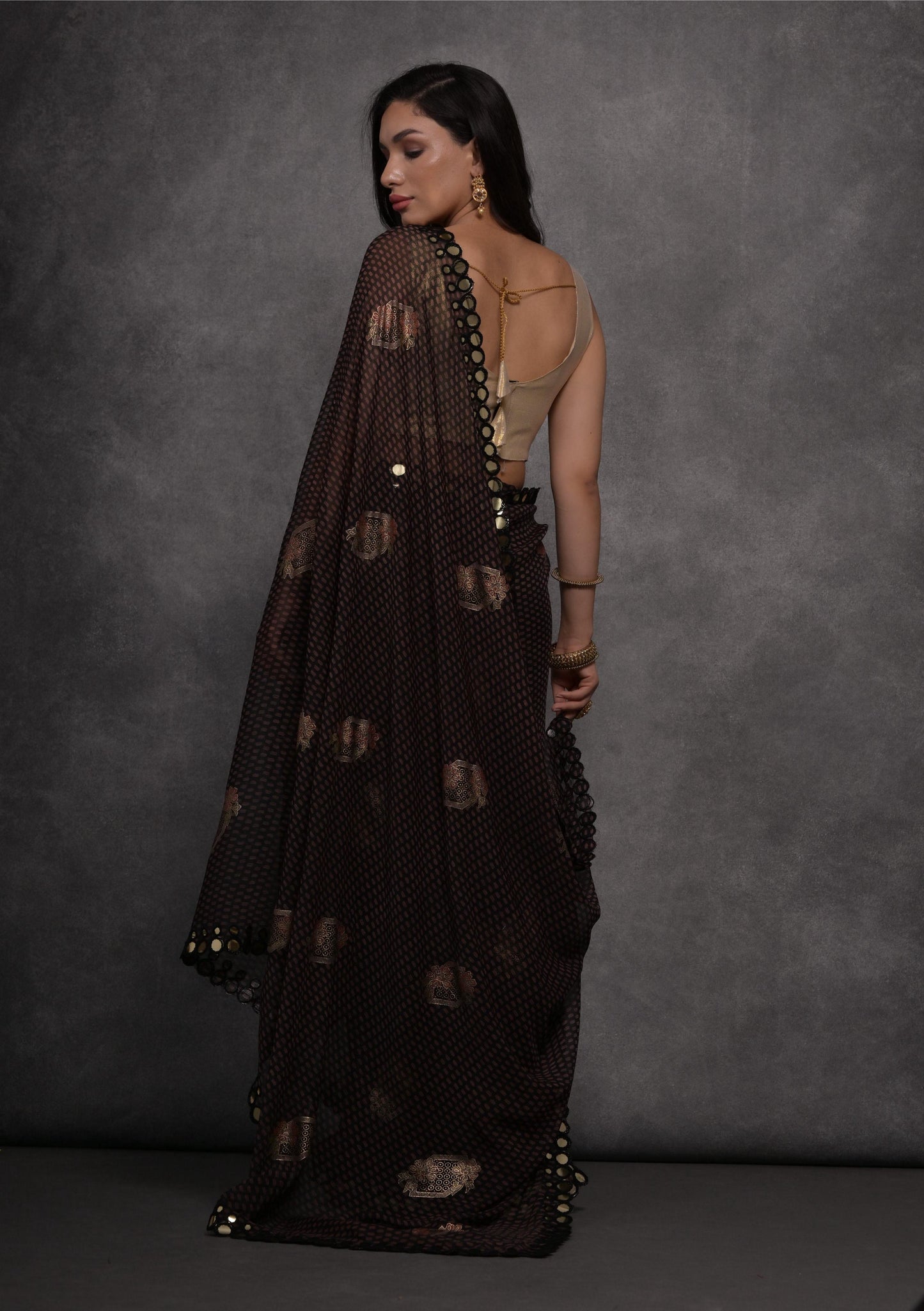 Jyoti Fashion Women's Black Chiffon Mirror Work Designer Saree with Blouse | Swadesiicart