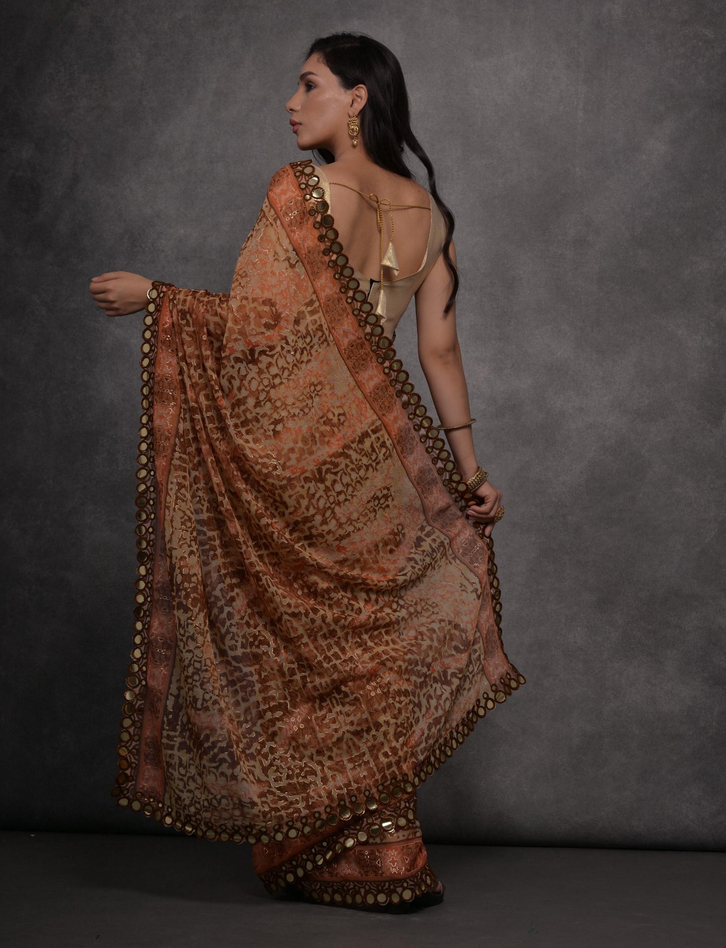 Jyoti Fashion Women's Brown Chiffon Mirror Work Designer Saree with Blouse | Swadesiicart