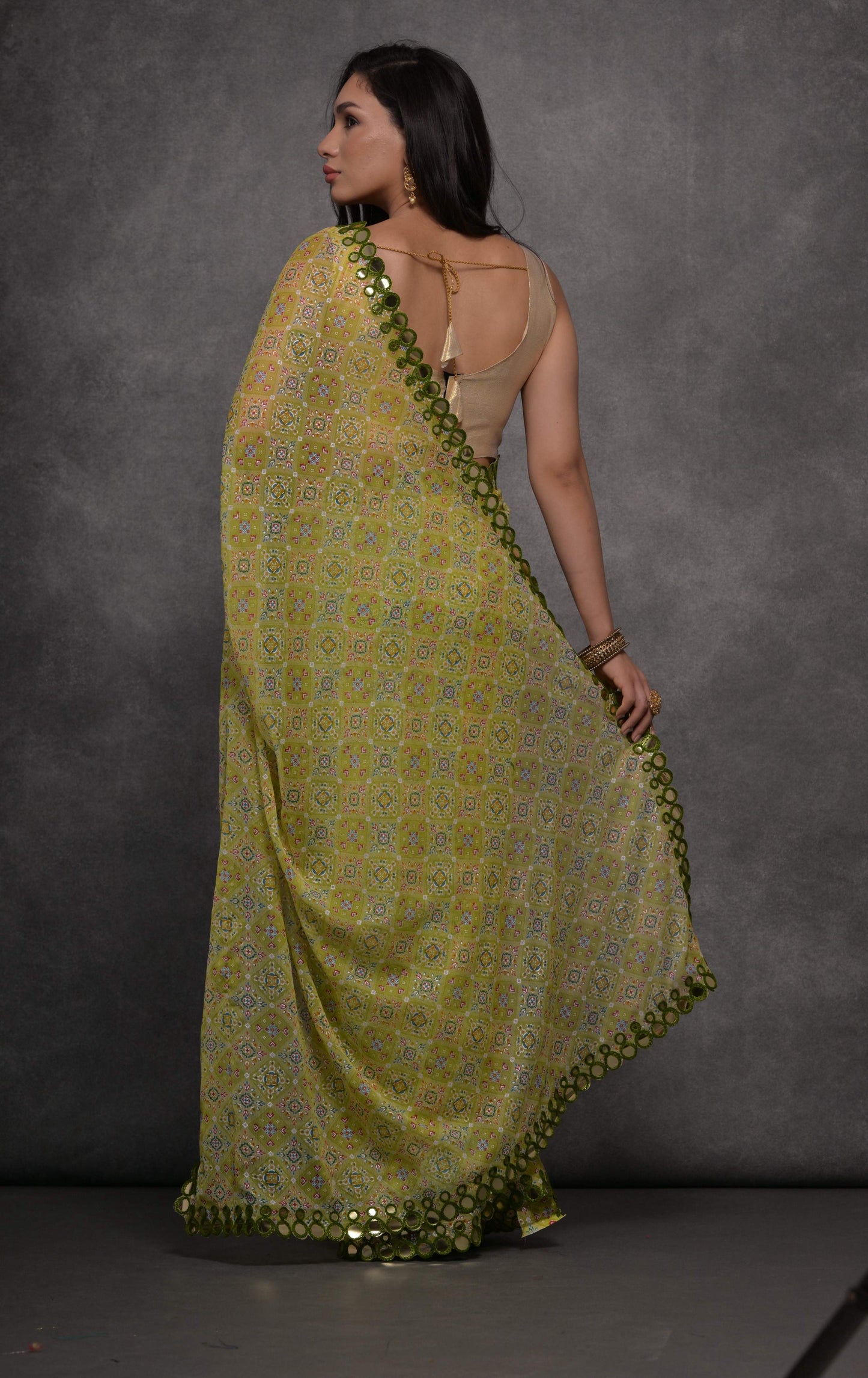Jyoti Fashion Women's Mehendi Chiffon Mirror Work Designer Saree with Blouse | Swadesiicart
