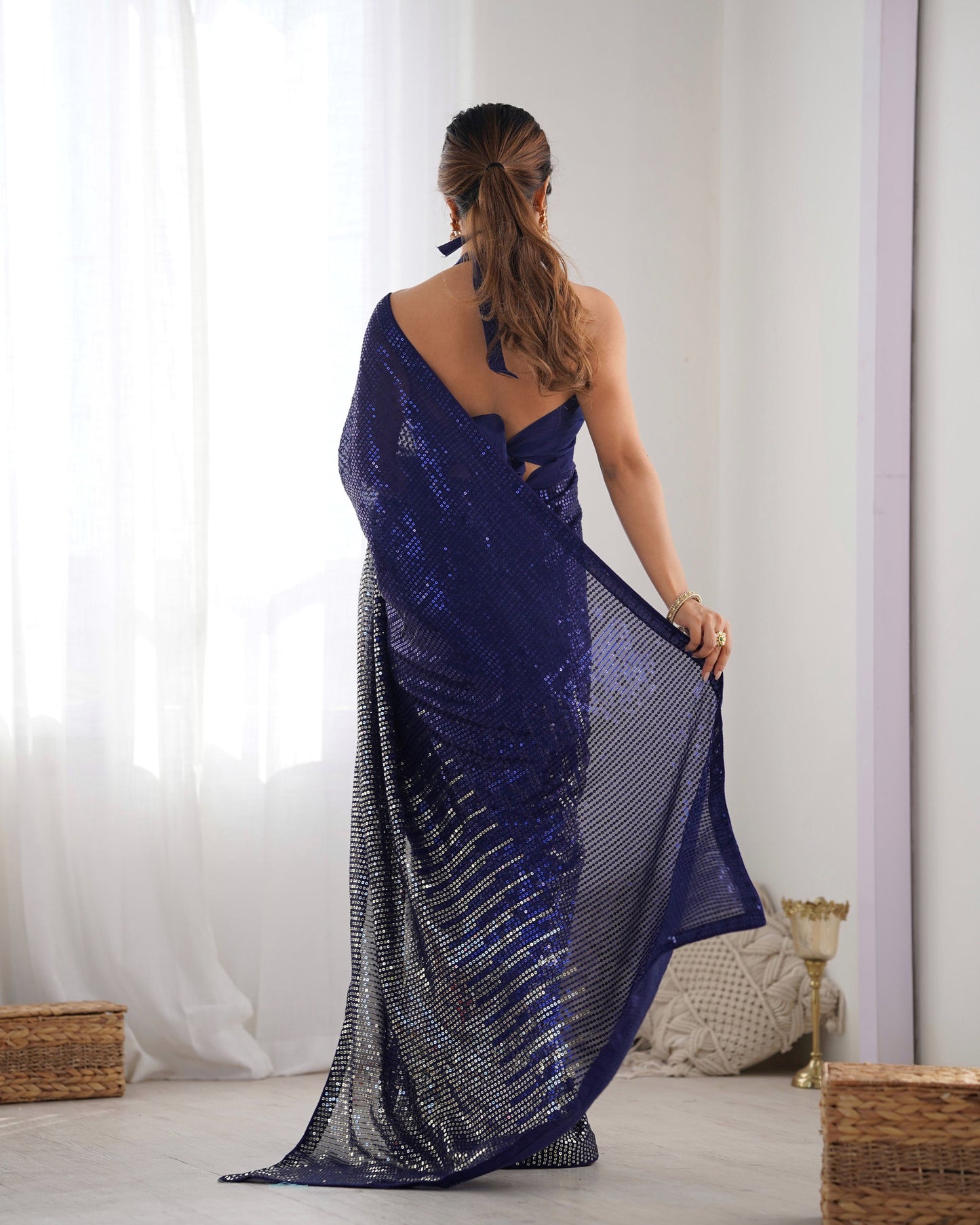 Jyoti Fashion Women's Navy Blue Georgette Sequins Designer Saree with Blouse | Swadesiicart