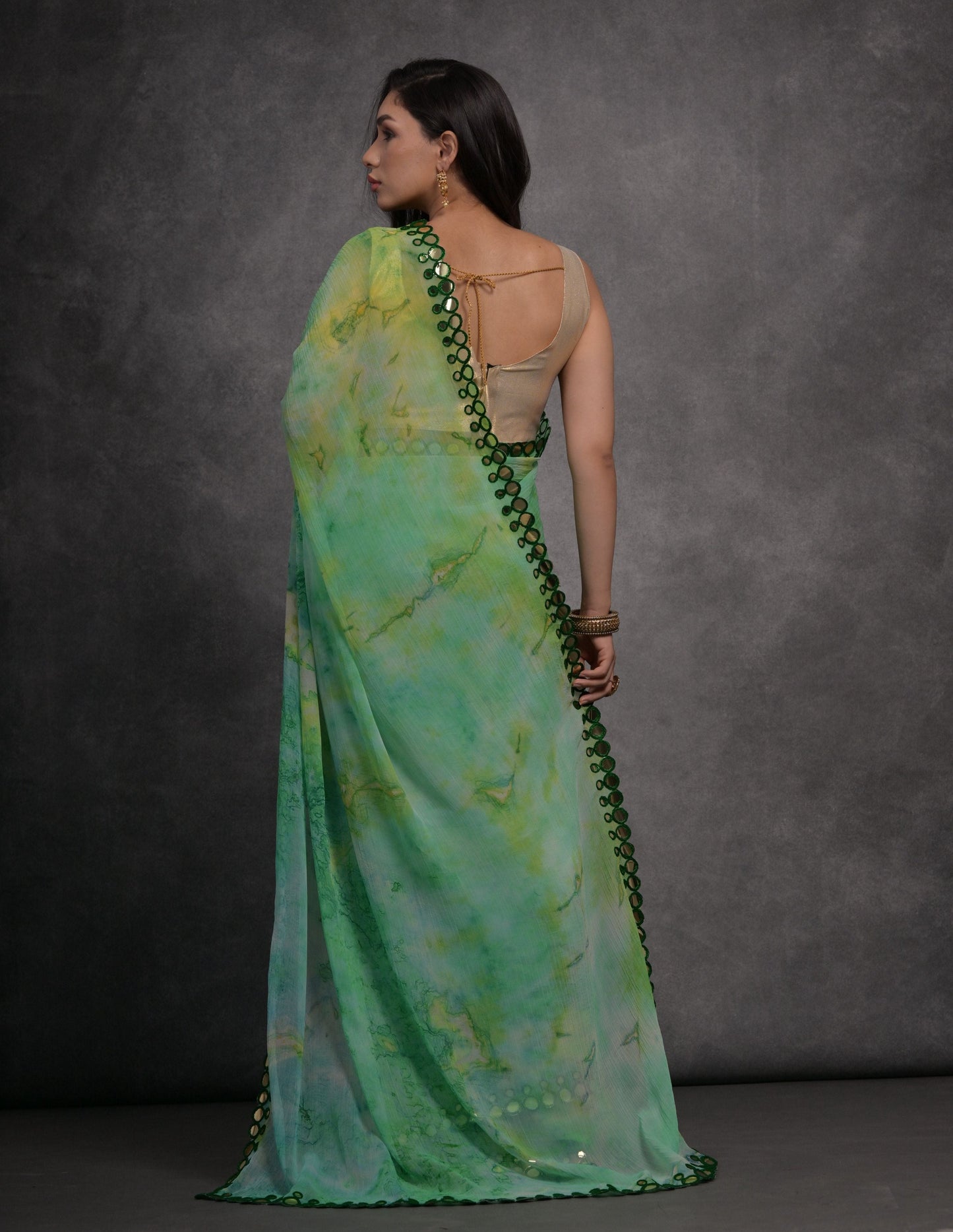 Jyoti Fashion Women's Green Chiffon Print with Mirror Work Designer Saree with Blouse | Swadesiicart