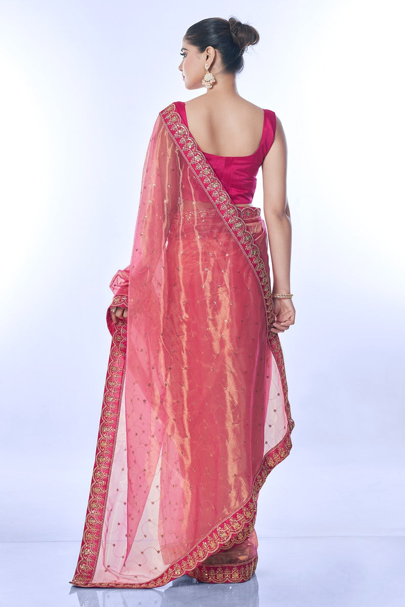 Jyoti Fashion Women's Pink Net Sequins Embroidered Designer Saree with Blouse | Swadesiicart