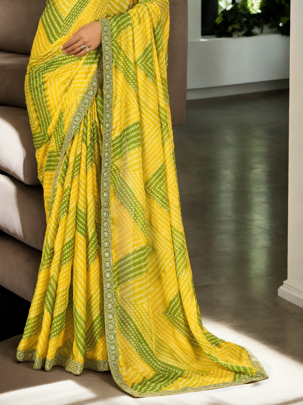 Jyoti Fashion Women's Yellow Chinon Bandhani Print with Embroidered Saree with Blouse | Swadesiicart