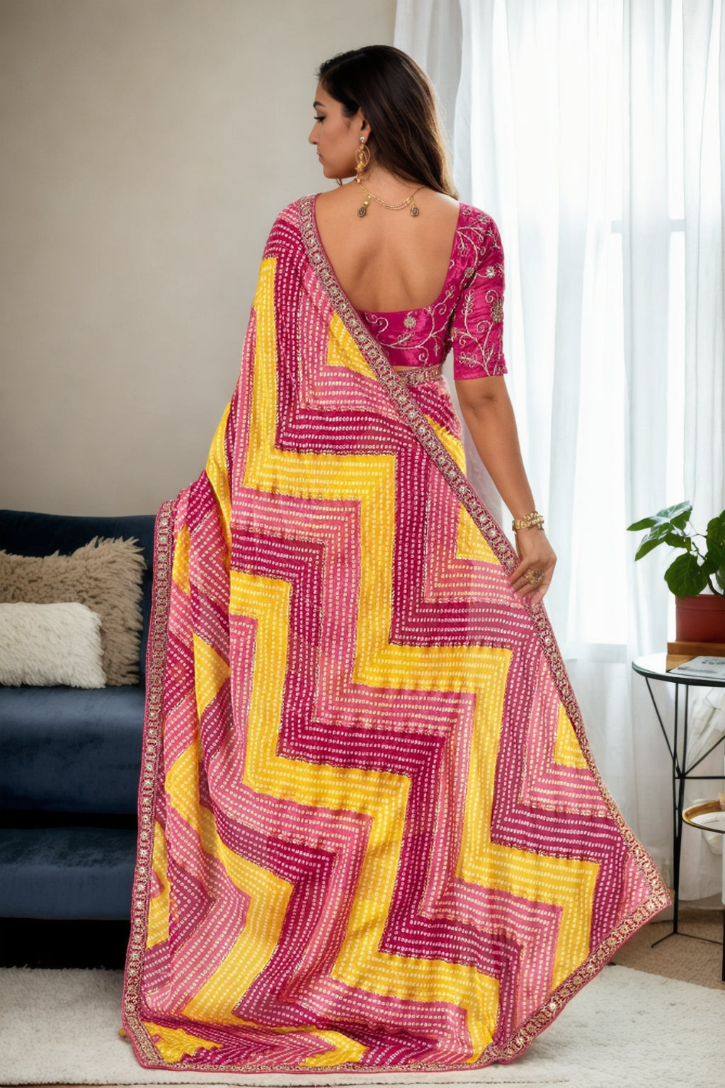 Jyoti Fashion Women's Multicolor Chinon Bandhani Print with Embroidered Saree with Blouse | Swadesiicart