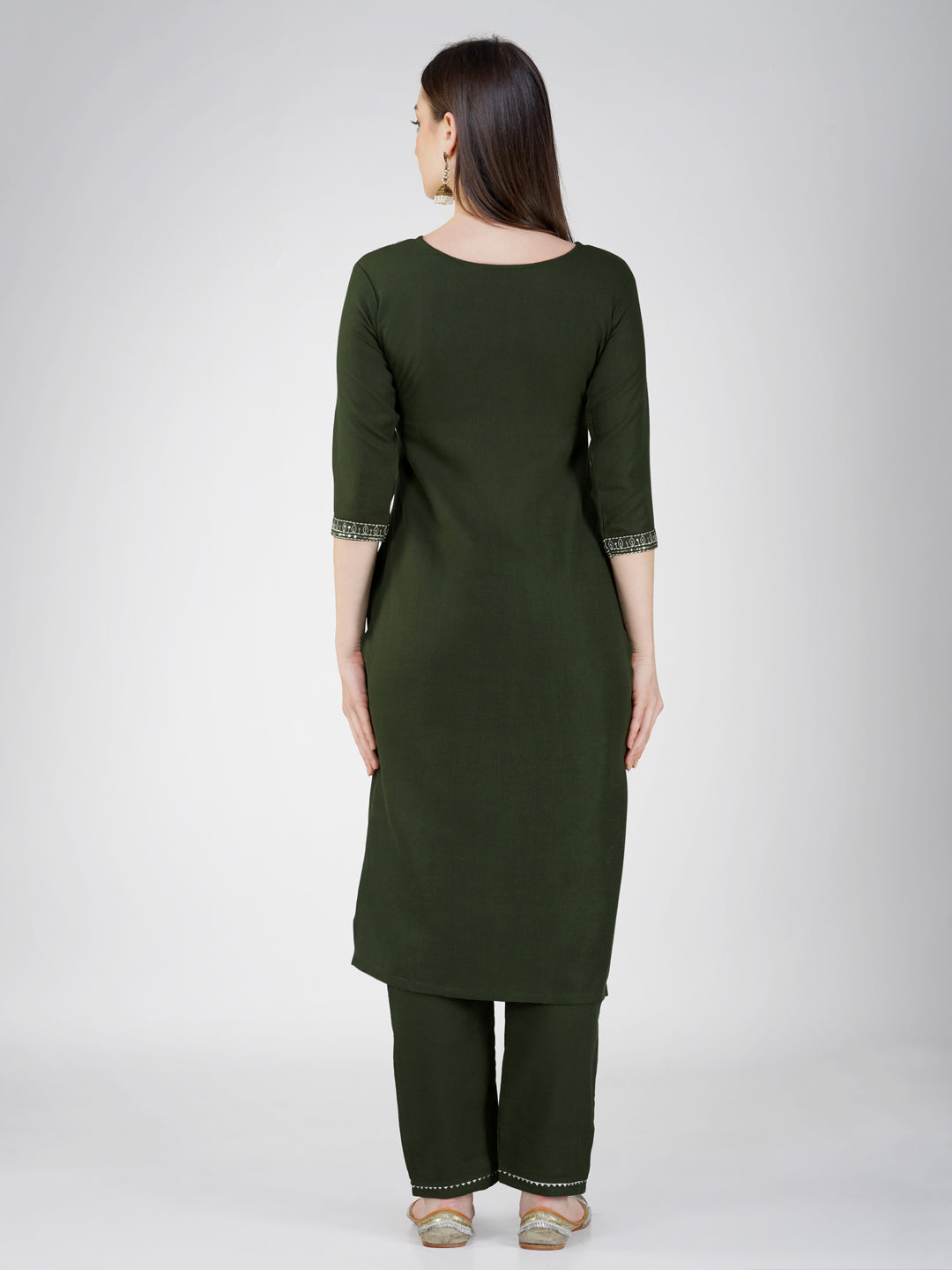 Jyoti Fashion Women's Bottle Green Cotton Blend Sequins Embroidered Kurta Set | Swadesiicart