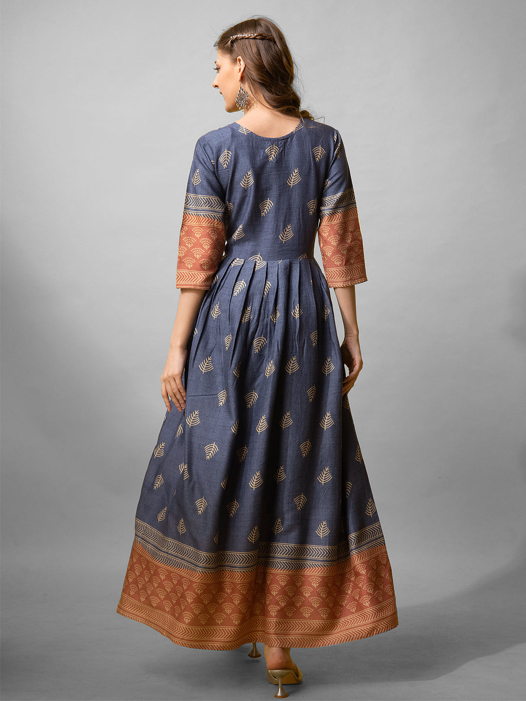 Jyoti Fashion Women's Denim Blue Rayon Abstract Printed Designer Anarkali Dress | Swadesiicart