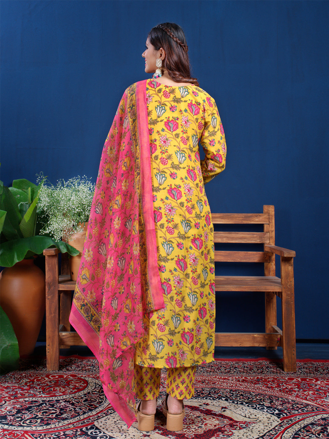 Jyoti Fashion Women's Yellow Cotton Blend Printed Designer Kurta Set with Dupatta - Swadesiicart