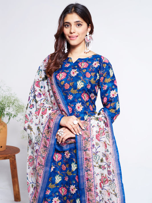 Jyoti Fashion Women's Blue Cotton Blend Printed Designer Kurta Set with Dupatta - Swadesiicart