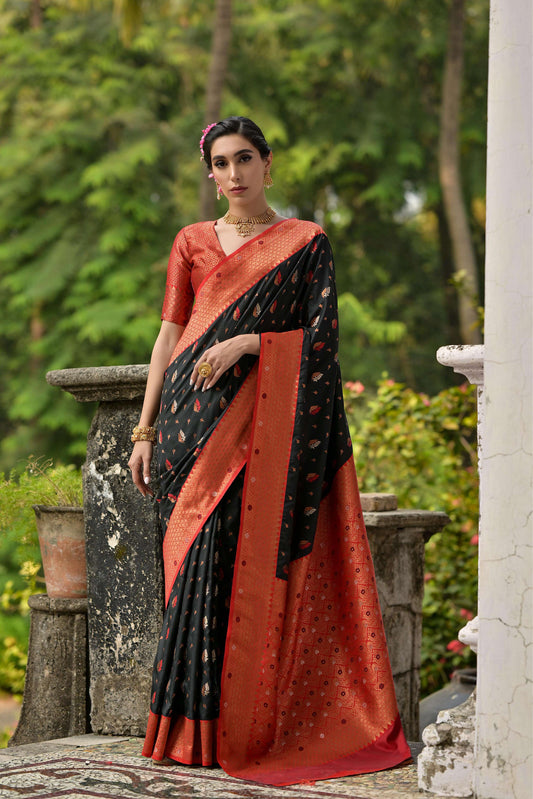 Jyoti Fashion Women's Black Banarasi Silk Zari Woven Traditional Saree with Blouse | Swadesiicart