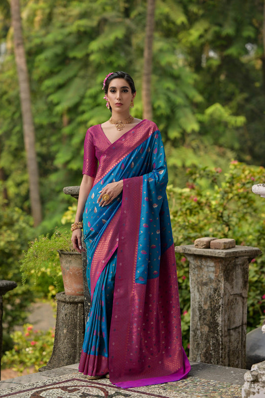 Jyoti Fashion Women's Blue Banarasi Silk Zari Woven Traditional Saree with Blouse | Swadesiicart