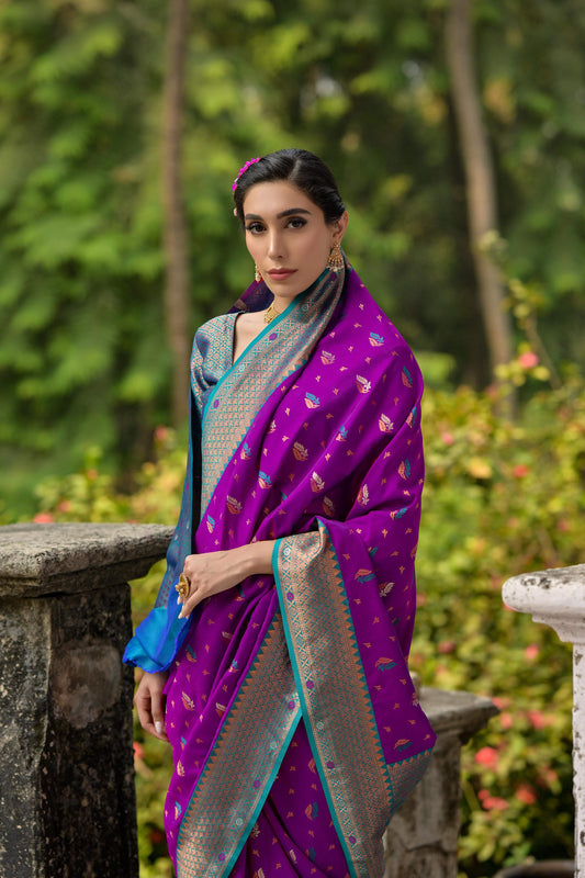 Jyoti Fashion Women's Purple Banarasi Silk Zari Woven Traditional Saree with Blouse | Swadesiicart