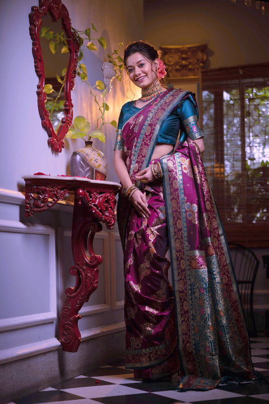 Jyoti Fashion Women's Wine Soft Banarasi Silk Zari Woven Traditional Saree with Blouse | Swadesiicart