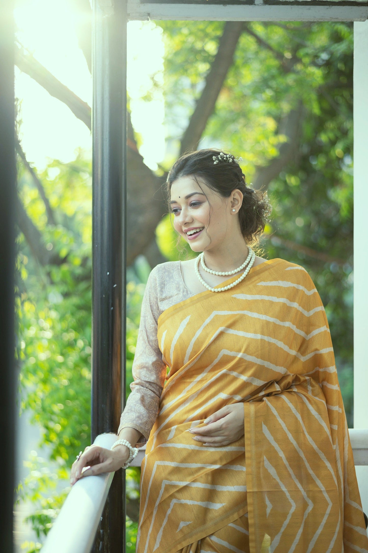 Jyoti Fashion Women's Yellow Tussar Silk Leheriya Print with Zari Border Saree with Blouse | Swadesiicart