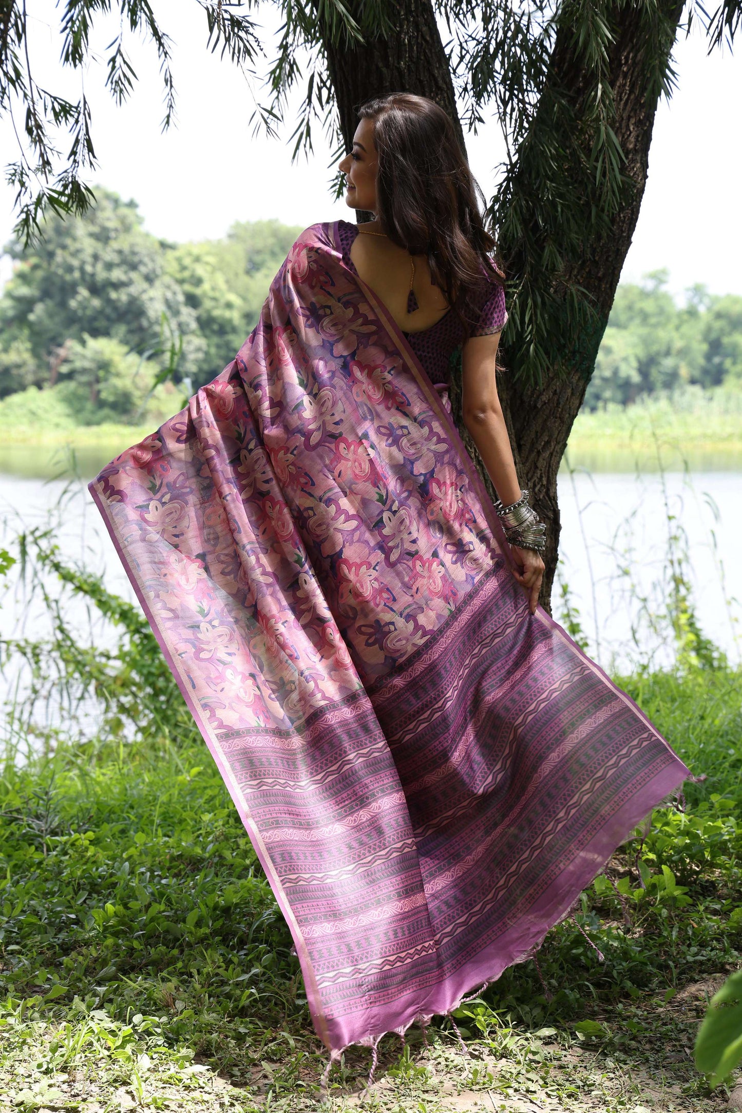 Jyoti Fashion Women's Purple Soft Tussar Silk Printed and Zari Woven Saree with Blouse | Swadesiicart