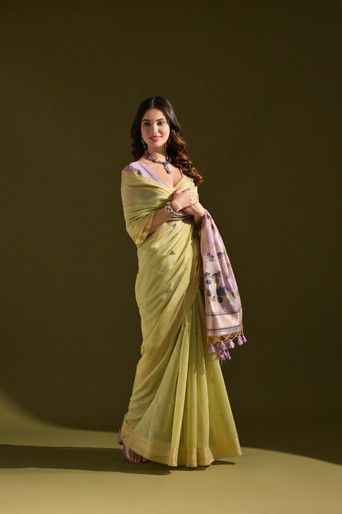 Jyoti Fashion Women's Green Soft Muga Cotton Resham Zari Weaving Traditional Saree with Blouse | Swadesiicart