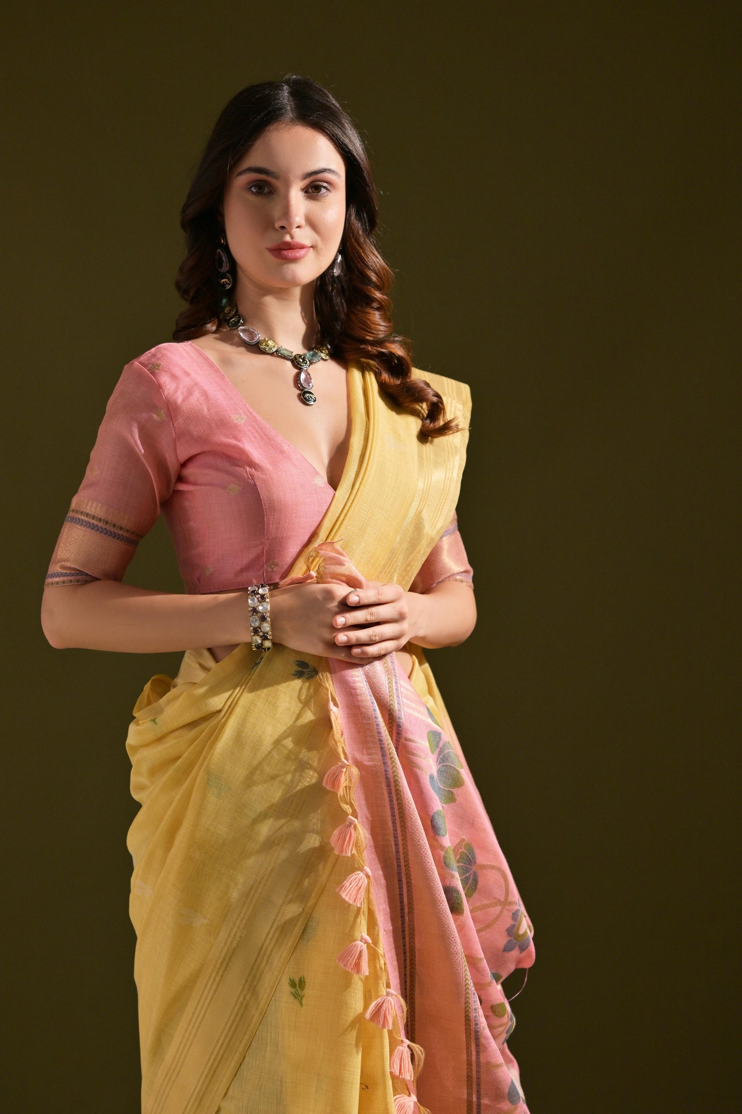 Jyoti Fashion Women's Yellow Soft Muga Cotton Resham Zari Weaving Traditional Saree with Blouse | Swadesiicart