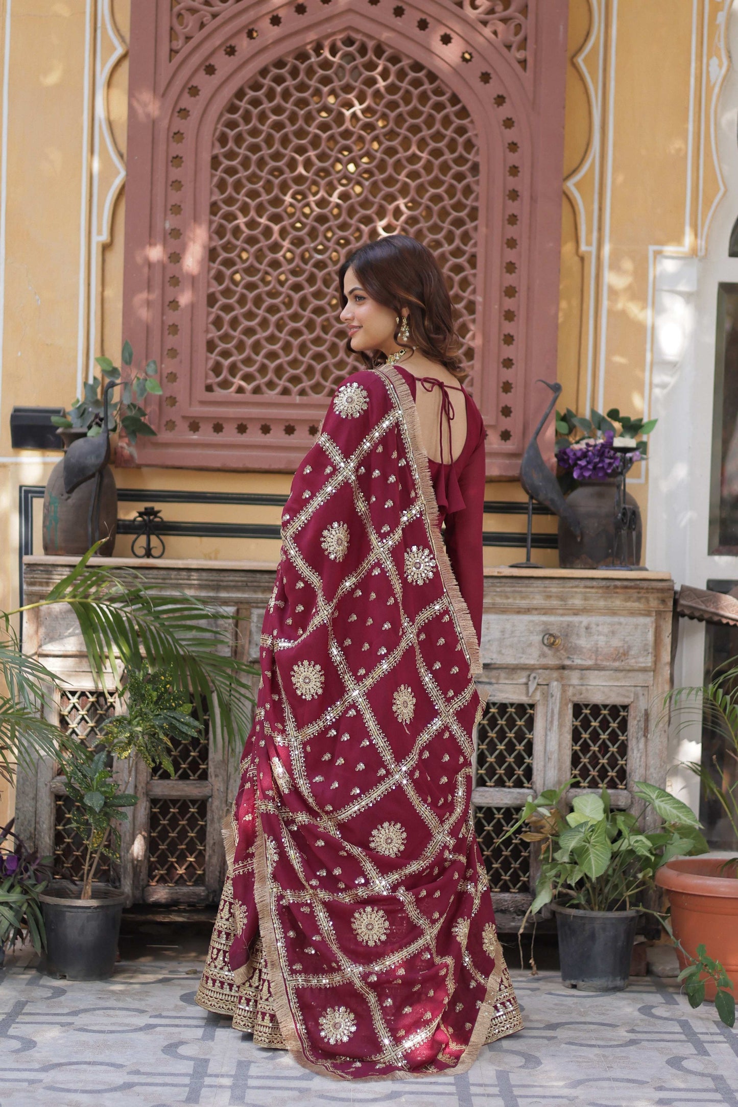 Jyoti Fashion Women's Maroon Star Georgette Sequins Zari Embroidered Long Anarkali Sets | Swadesiicart