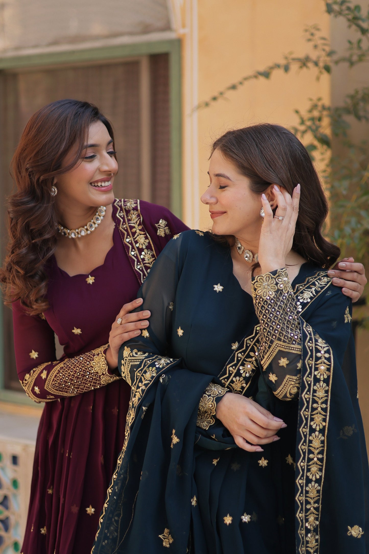 Jyoti Fashion Women's Rama & Wine Faux Georgette Zari with Sequins Embroidered Combo Anarkali Set with Dupatta