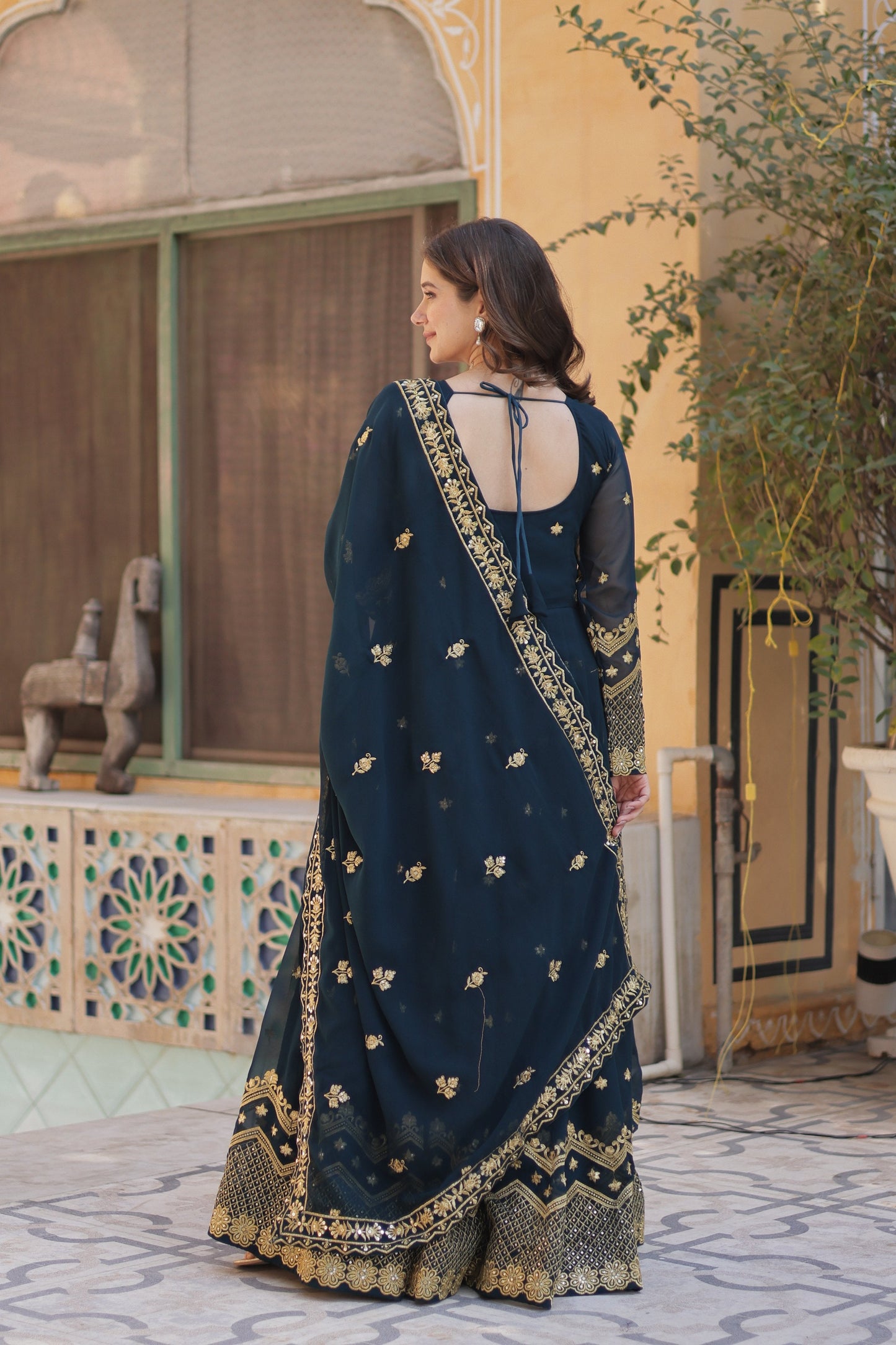Jyoti Fashion Women's Rama Faux Georgette Zari with Sequins Embroidered Anarkali Set with Dupatta | Swadesiicart