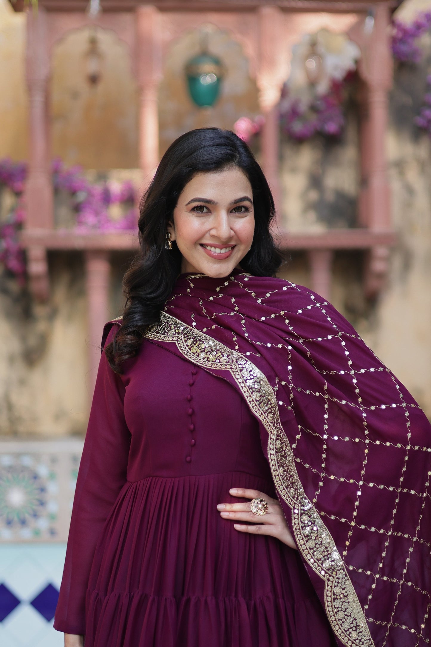 Jyoti Fashion Women's Wine Star Georgette Rich Sequins Embroidered Anarkali Set with Dupatta | Swadesiicart