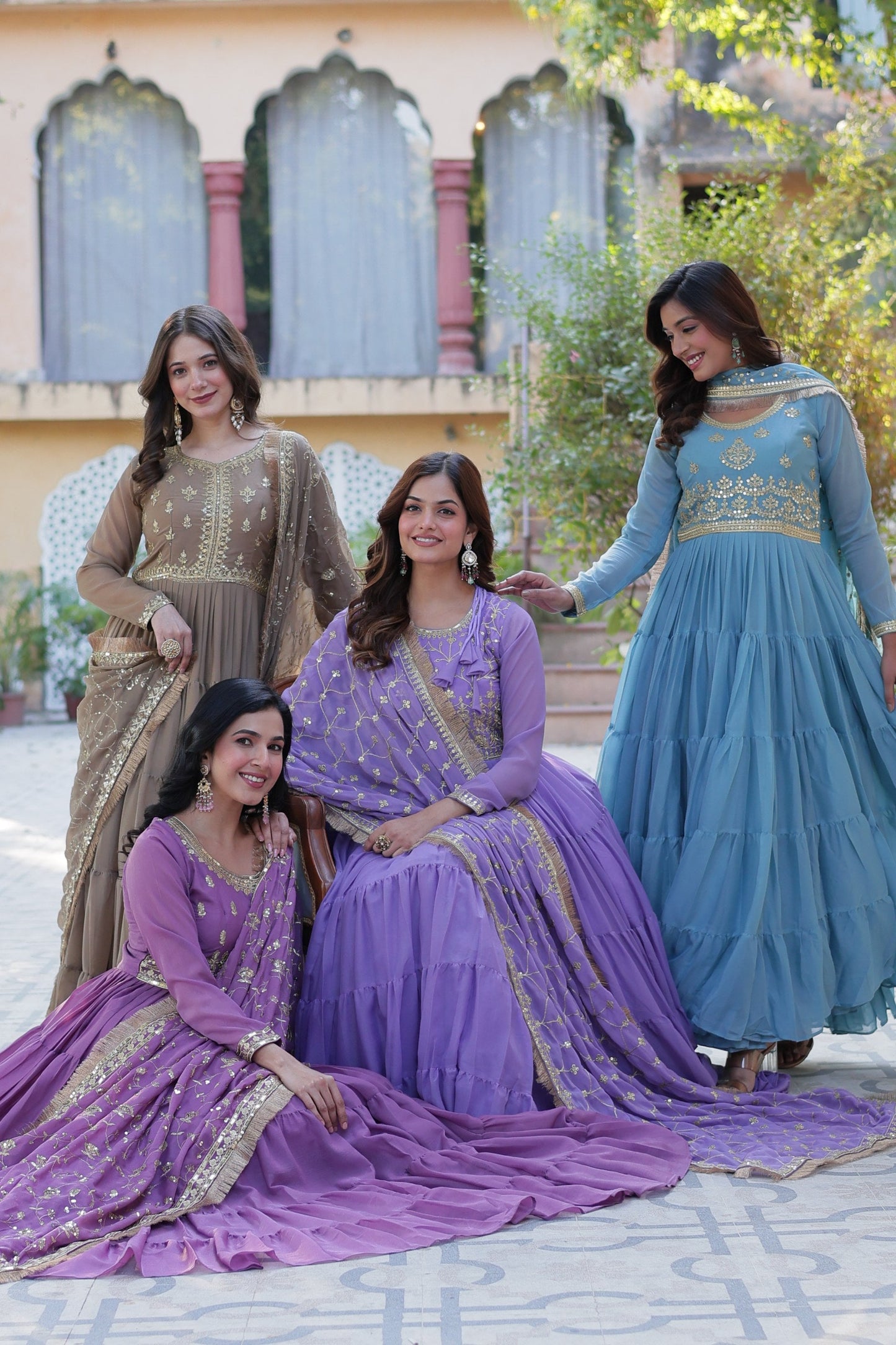Jyoti Fashion Women's Jamuni, Beige, Sky Blue & Purple Star Georgette Rich Sequins Embroidered Combo Anarkali Set with Dupatta | Swadesiicart