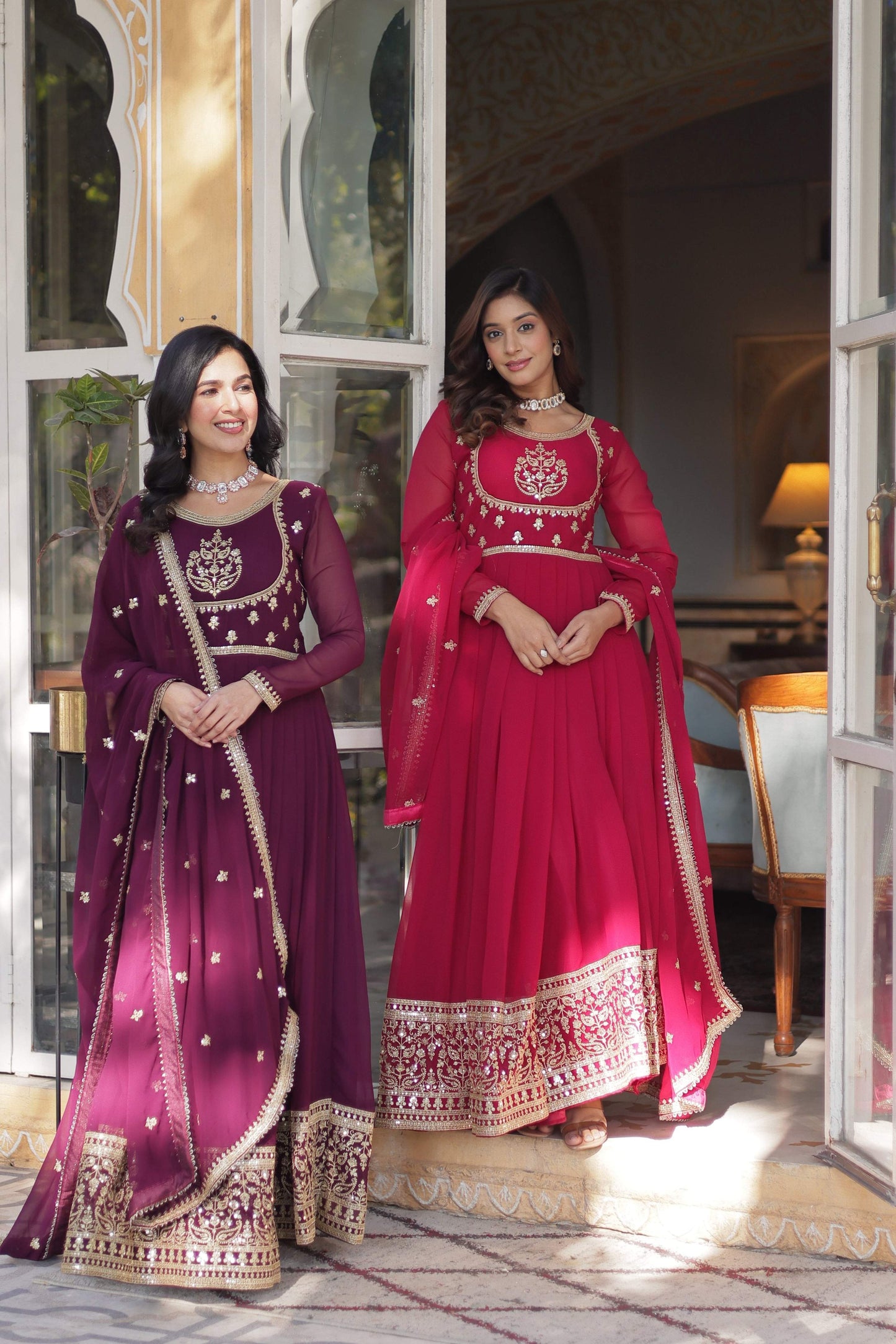 Jyoti Fashion Women's Wine & Pink Faux Georgette Rich Sequins Embroidered Combo Anarkali Set with Dupatta | Swadesiicart