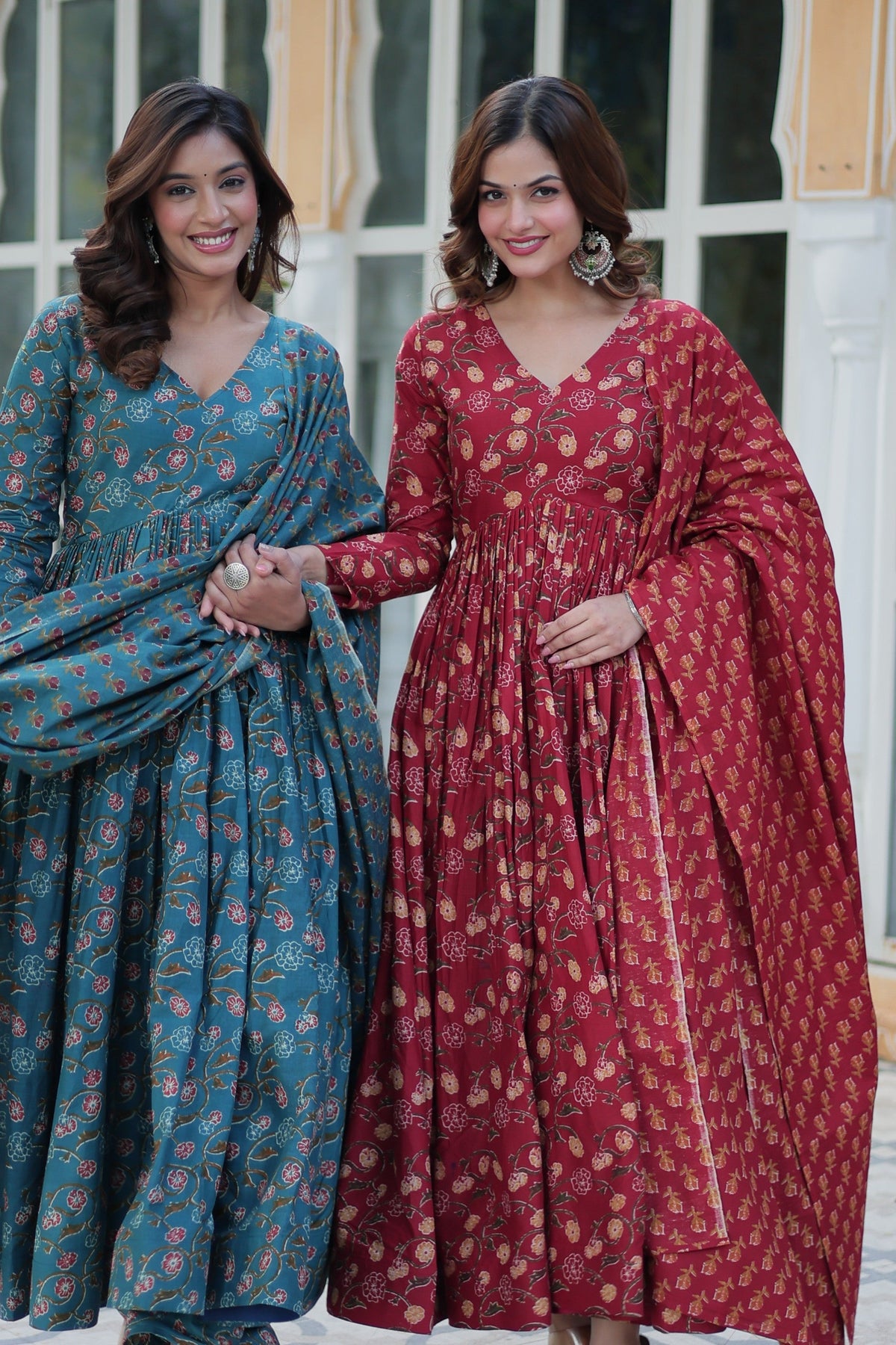 Jyoti Fashion Women's Rama & Maroon Cotton Printed Designer Combo Anarkali Set with Dupatta