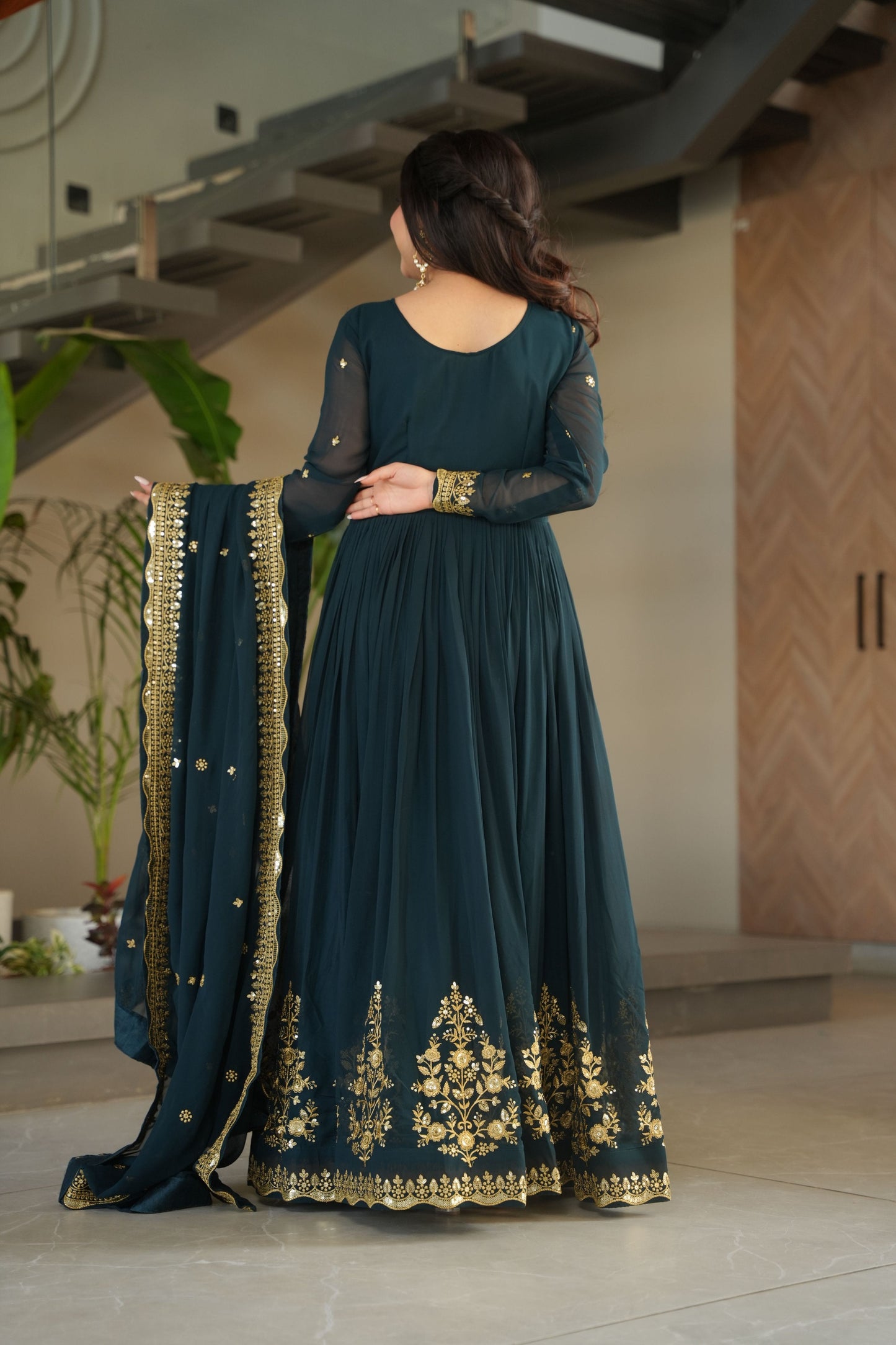 Jyoti Fashion Women's Rama Faux Georgette Zari Thread & Sequins Embroidered Anarkali Set with Dupatta | Swadesiicart