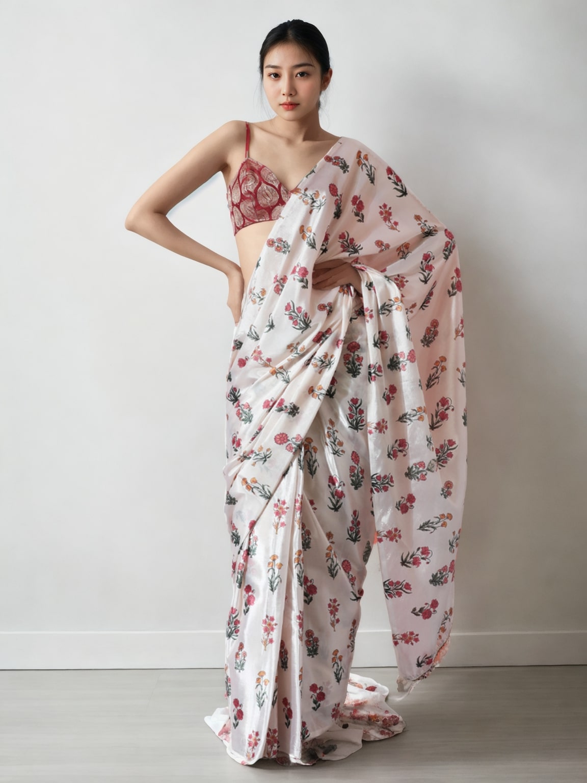 Jyoti Fashion Women's Multicolor Chinon Digital Printed Ready To Wear Saree with Blouse | Swadesiicart