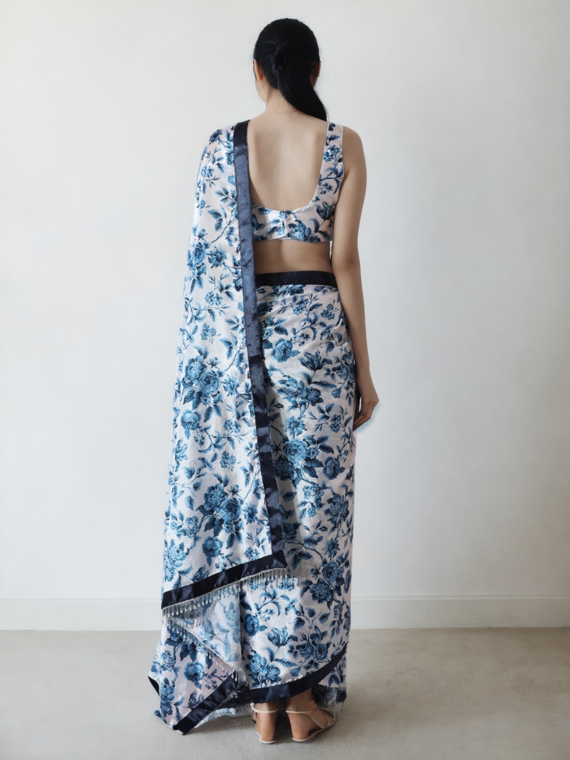 Jyoti Fashion Women's Navy Blue Chinon Digital Printed Ready To Wear Saree with Blouse | Swadesiicart