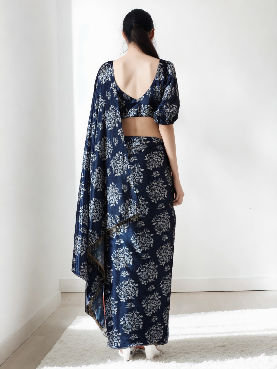 Jyoti Fashion Women's Navy Blue Chinon Digital Printed Ready To Wear Saree with Blouse | Swadesiicart