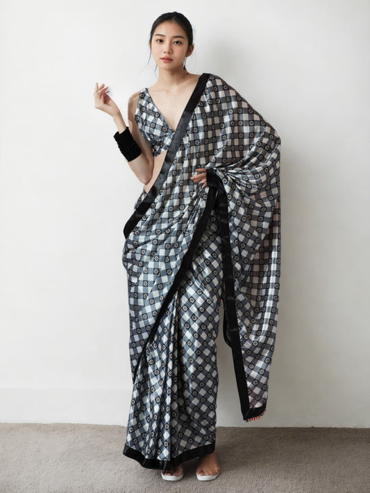 Jyoti Fashion Women's Grey Chinon Digital Printed Ready To Wear Saree with Blouse | Swadesiicart