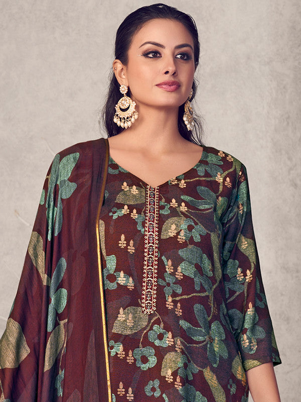 Jyoti Fashion Women's Maroon Pure Pashmina Digital Print with Jacquard Woven Kurta with Trouser & Dupatta | Swadesiicart