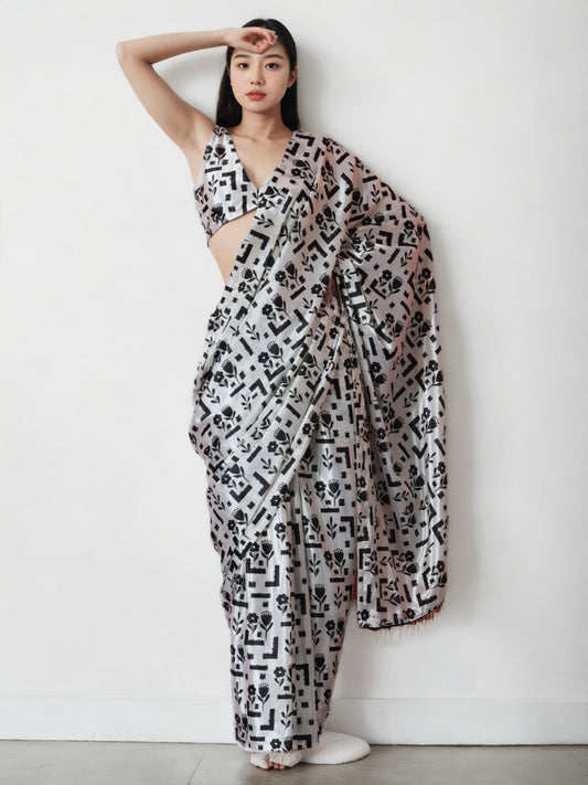 Jyoti Fashion Women's Black Chinon Digital Printed Ready To Wear Saree with Blouse | Swadesiicart