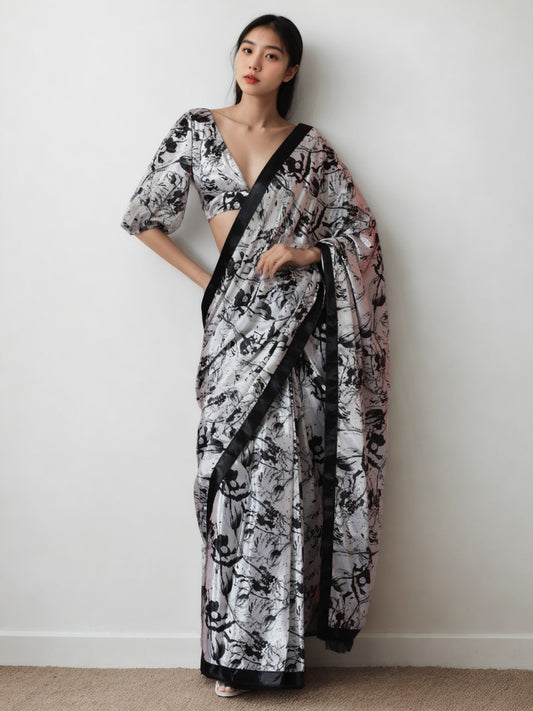 Jyoti Fashion Women's Black Chinon Digital Printed Ready To Wear Saree with Blouse | Swadesiicart