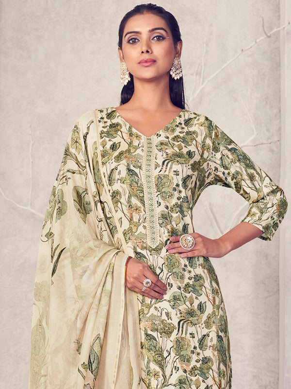 Jyoti Fashion Women's Cream Pure Pashmina Digital Print with Jacquard Woven Kurta with Trouser & Dupatta