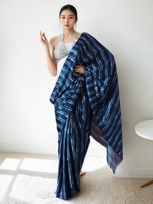 Jyoti Fashion Women's Navy Blue Chinon Digital Printed Ready To Wear Saree with Blouse | Swadesiicart