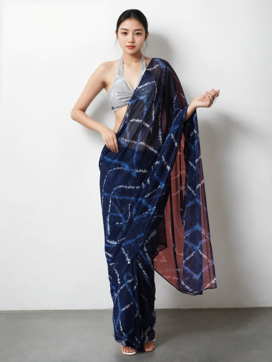 Jyoti Fashion Women's Dark Blue Marble Chiffon Printed Ready To Wear Saree with Blouse | Swadesiicart