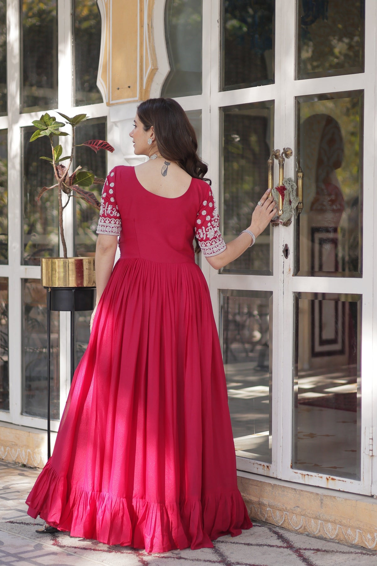 Jyoti Fashion Women's Pink Star Georgette Embroidered Anarkali Set With Bottom