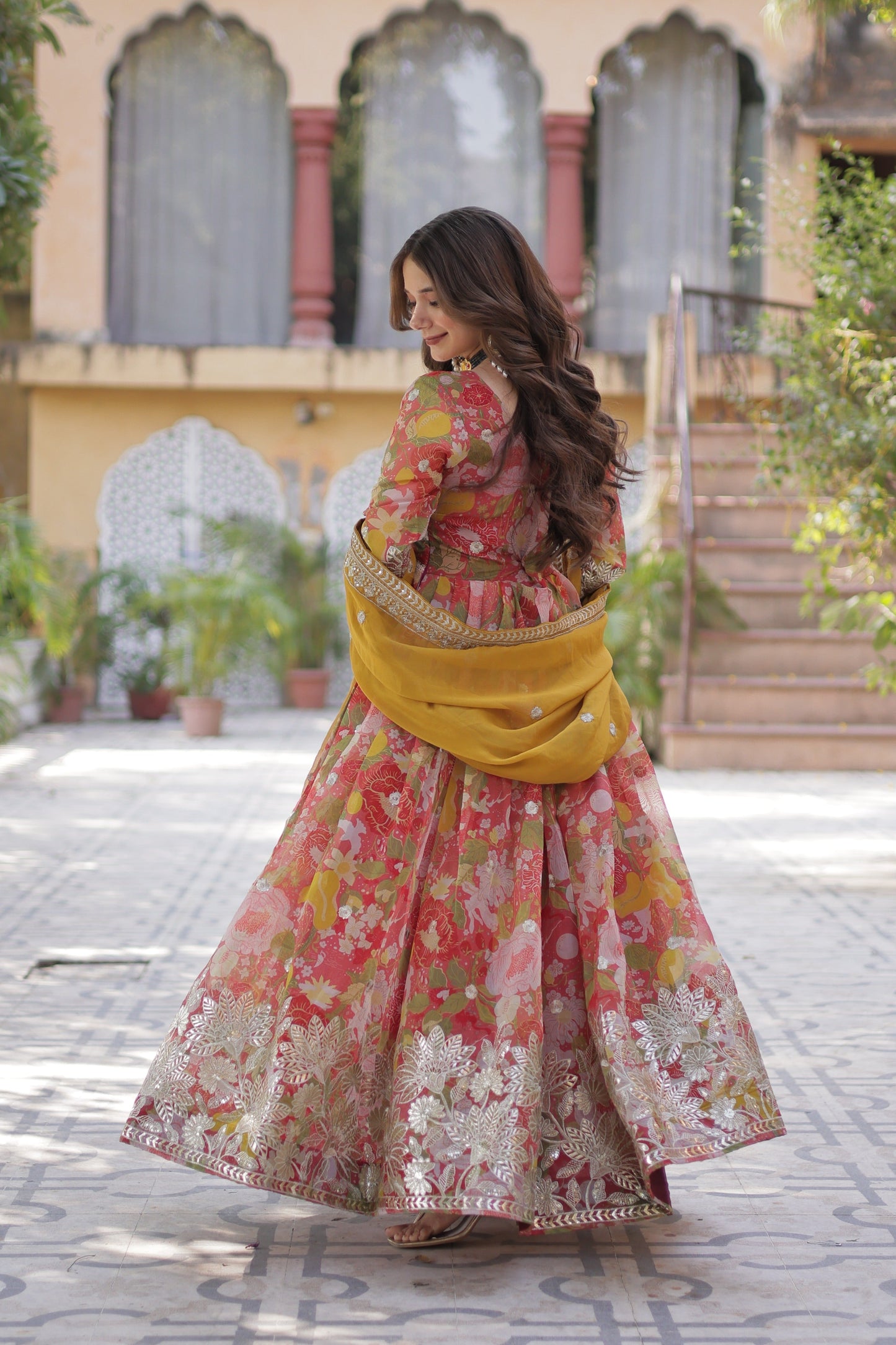 Jyoti Fashion Women's Red Russian Silk Foil Print with Sequence Embroidered Anarkali Set With Dupatta | Swadesiicart