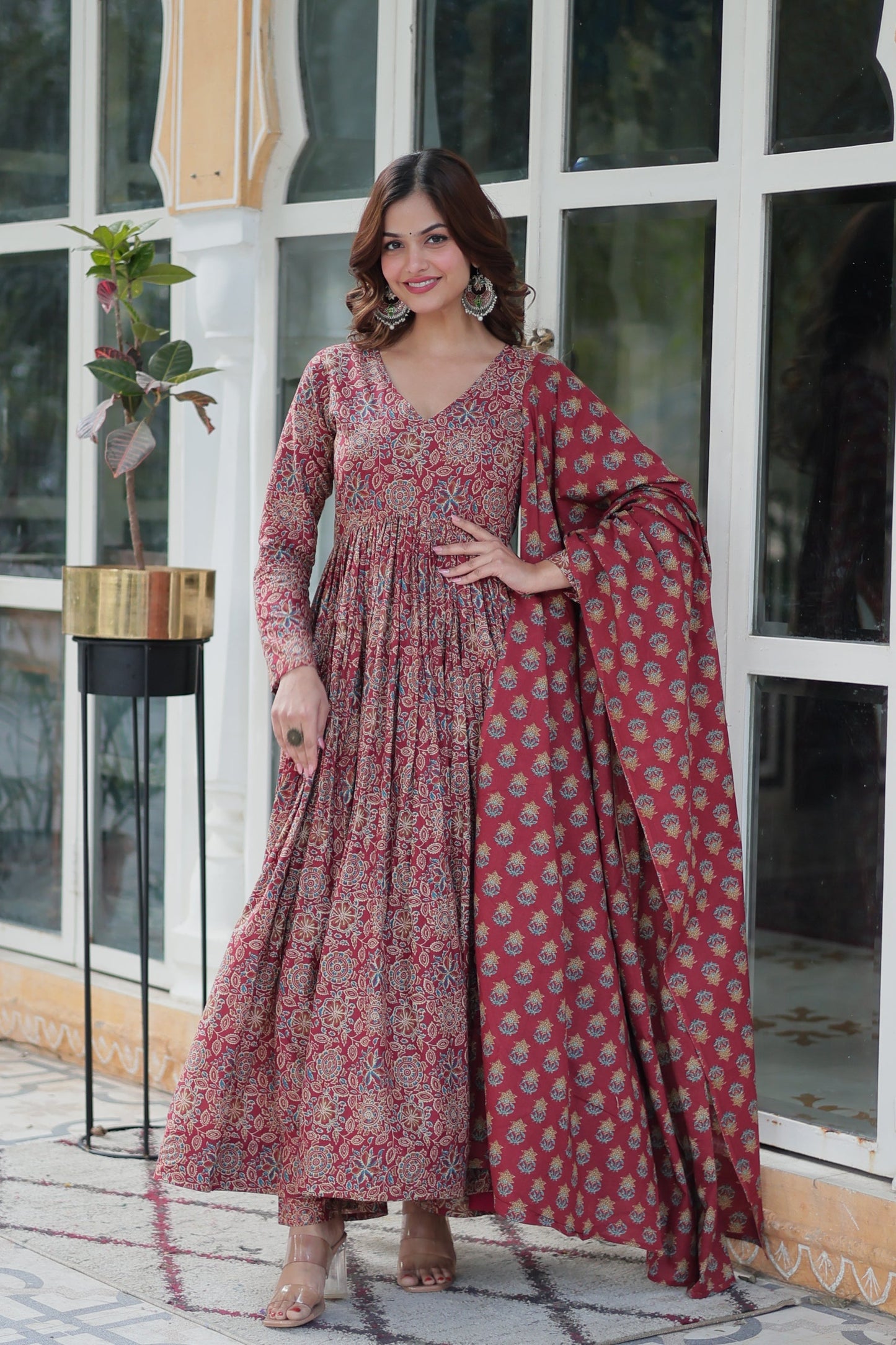 Jyoti Fashion Women's Maroon Cotton Floral Printed Designer Kurta Set | Swadesiicart