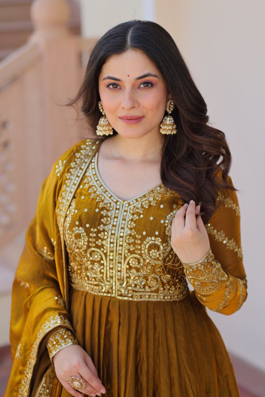 Jyoti Fashion Women's Mehendi Fendi Sequins & Zari Embroidered Anarkali Set With Dupatta | Swadesiicart