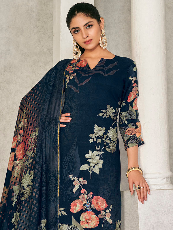 Jyoti Fashion Women's Navy Blue Pashmina Floral Digital Printed Kurta with Trouser & Dupatta | Swadesiicart