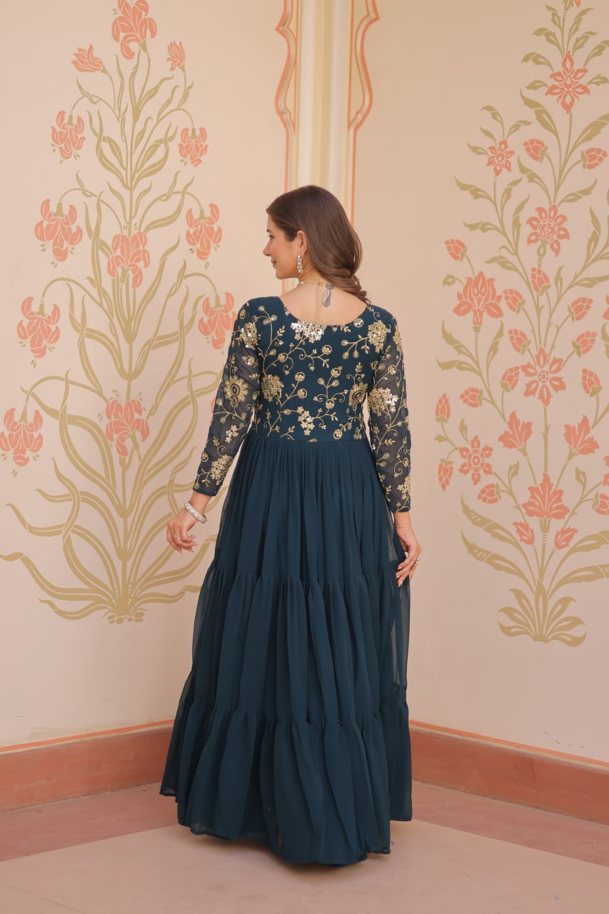 Jyoti Fashion Women's Teal Faux Blooming Sequins & Zari Embroidered Long Designer Anarkali Set | Swadesiicart