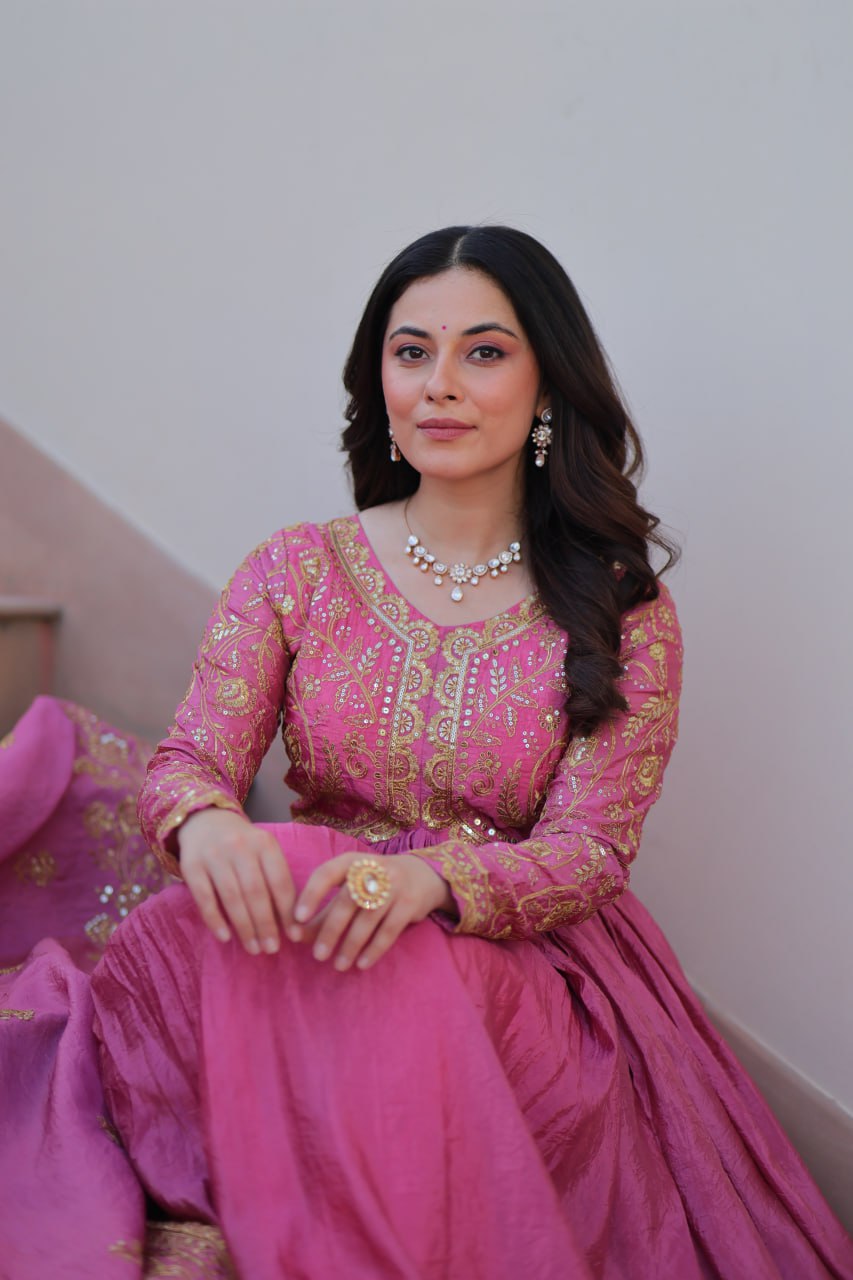 Jyoti Fashion Women's Pink Gold Crush Sequins with Multy Embroidered Anarkali Set With Dupatta | Swadesiicart