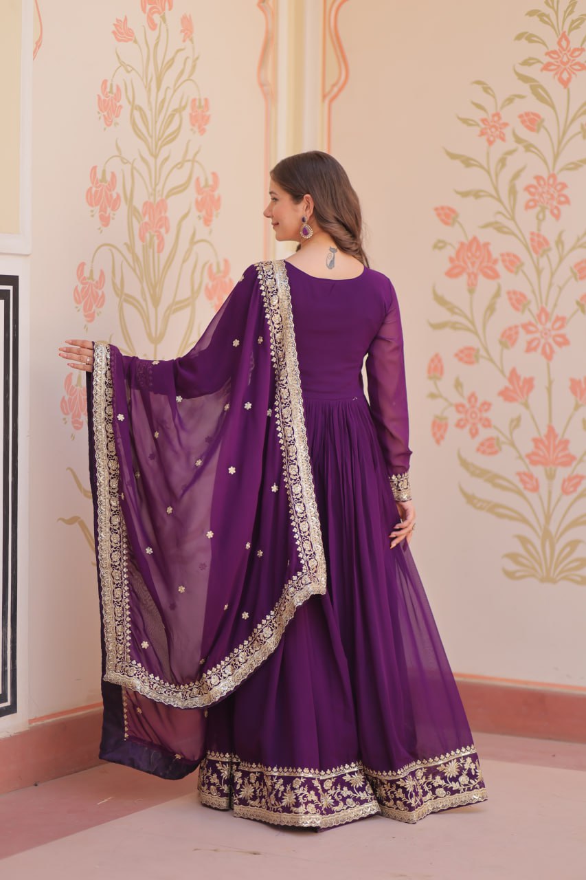 Jyoti Fashion Women's Purple Faux Blooming Sequins & Zari Embroidered Anarkali Set With Dupatta | Swadesiicart