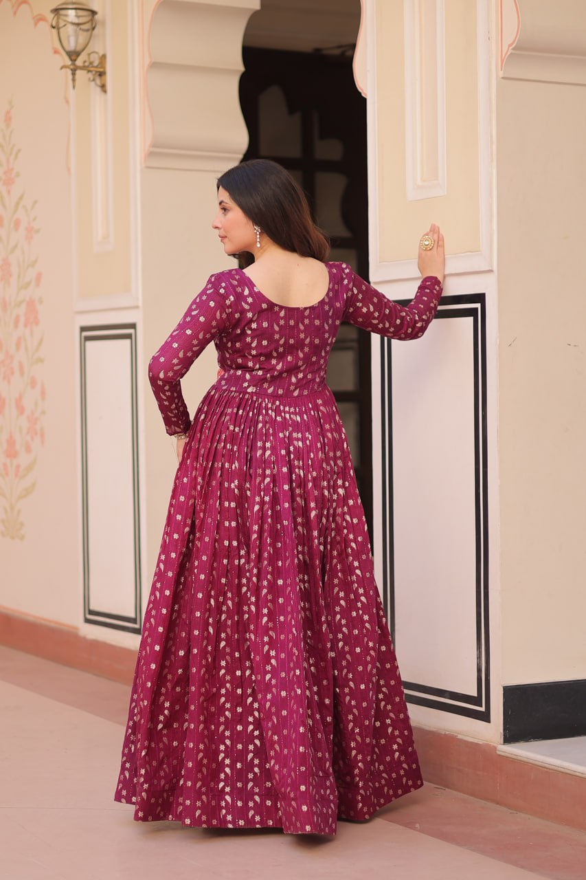 Jyoti Fashion Women's Wine Jacquard Weaving Long Designer Anarkali Set